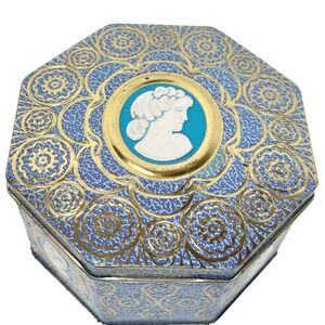 Vintage‎ Tin Box Cameo Blue Gold Decorative Octagon Container Made in England